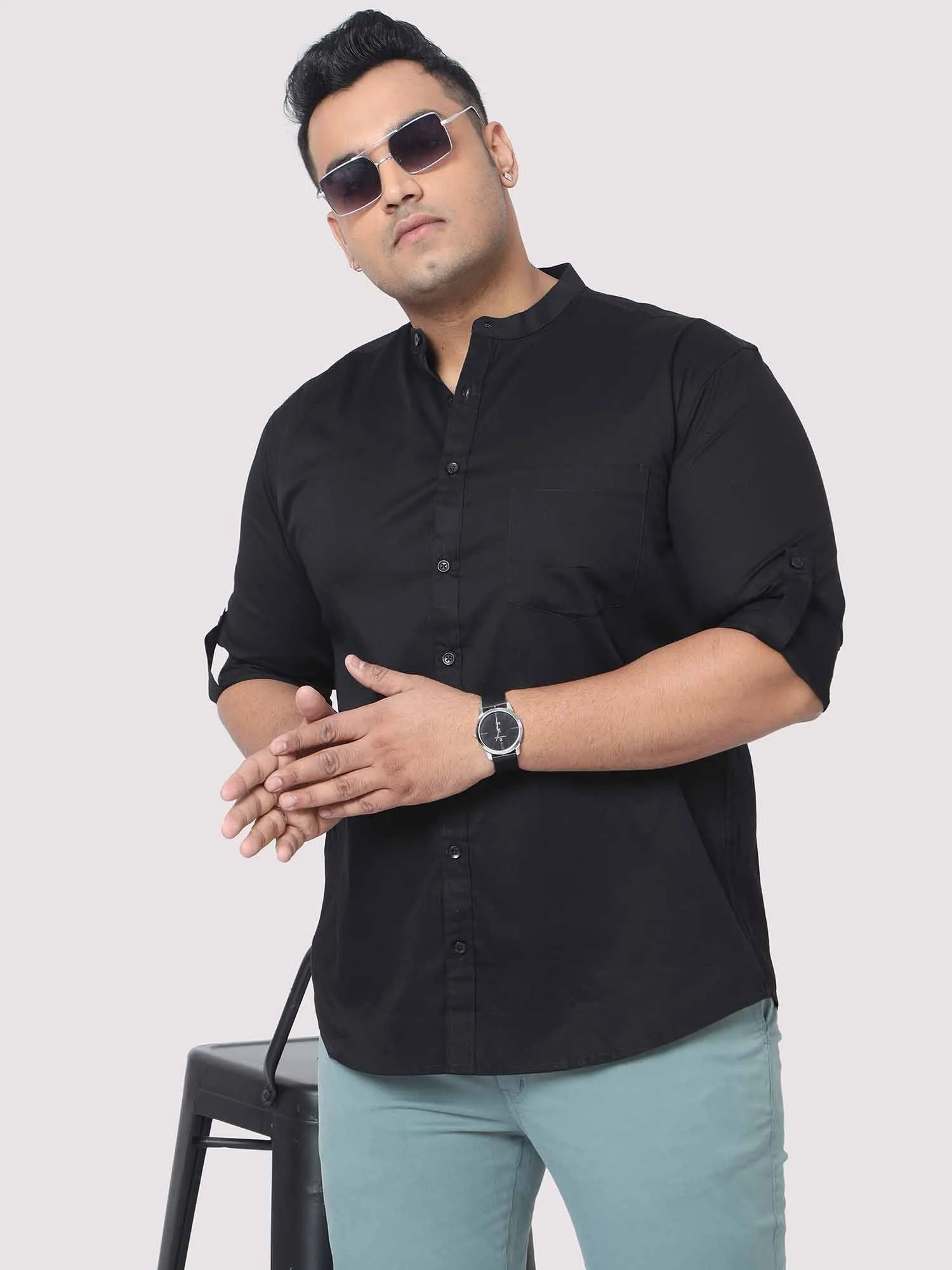 Black Mandarin Collar Men's Plus Size Cotton Full Shirt