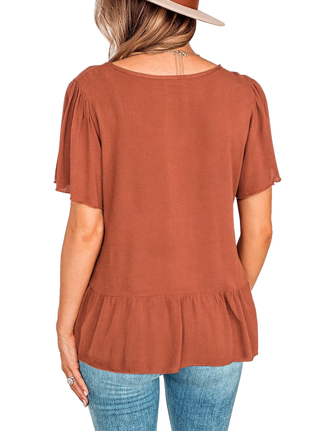 Brown V-Neckline Buttons Loose Peplum Top