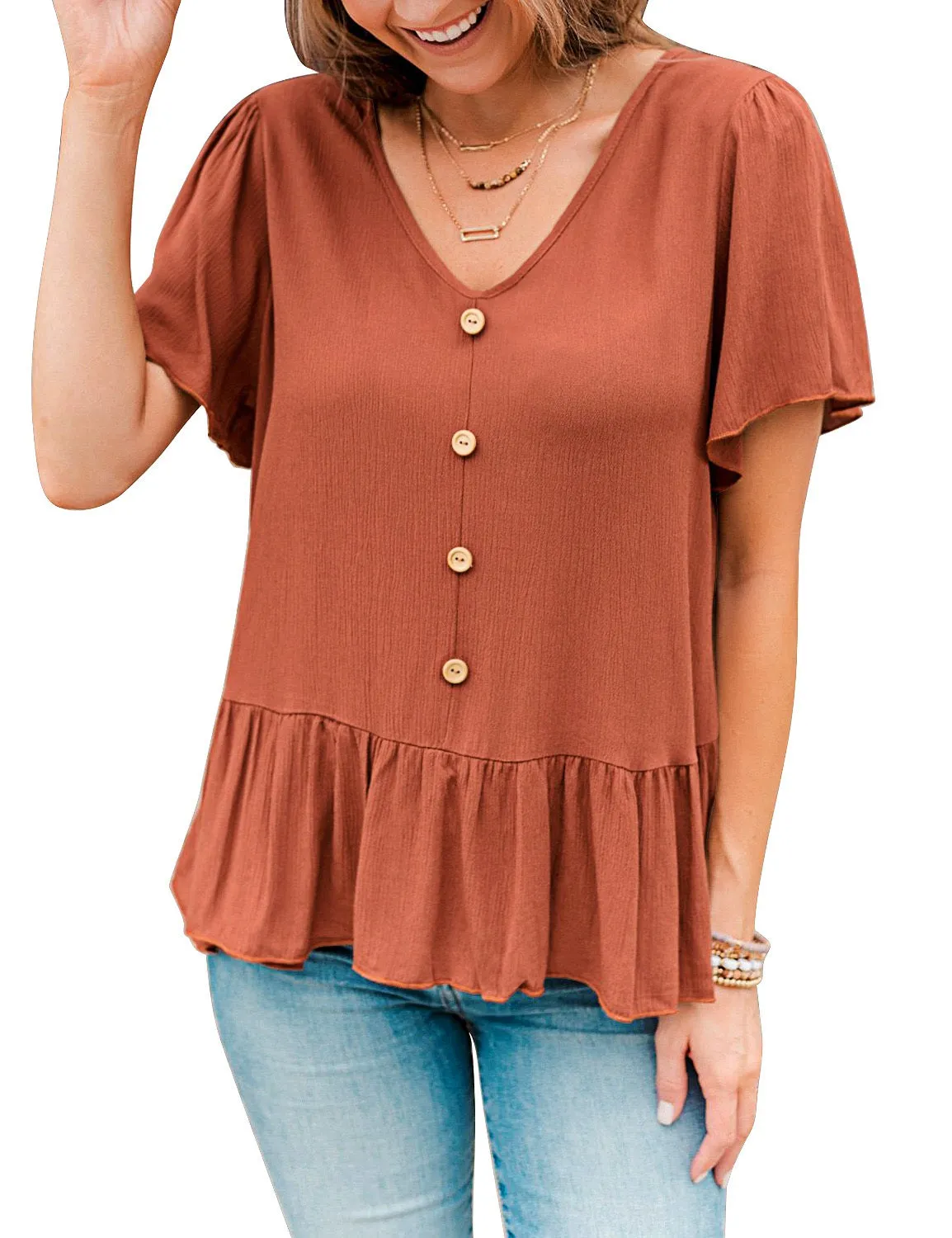 Brown V-Neckline Buttons Loose Peplum Top