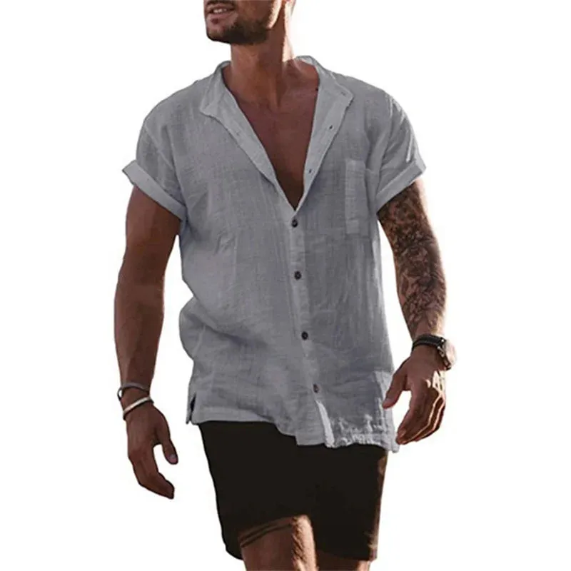 Cotton Linen Hot Sale Men's Short-Sleeved Shirts Summer Solid Color Stand-Up Collar Casual Beach Style Plus Size