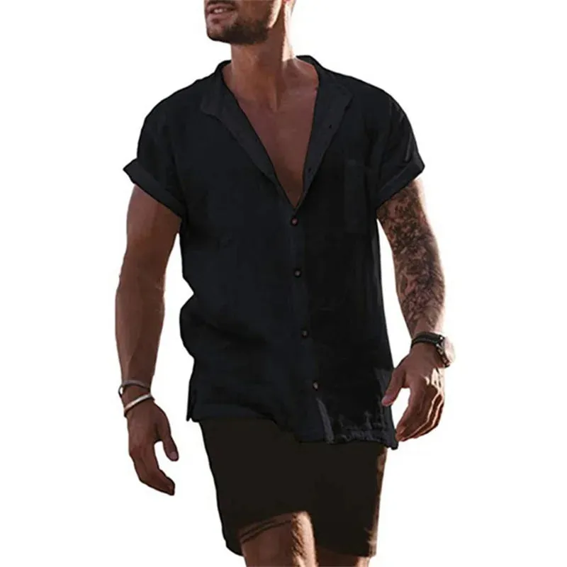 Cotton Linen Hot Sale Men's Short-Sleeved Shirts Summer Solid Color Stand-Up Collar Casual Beach Style Plus Size