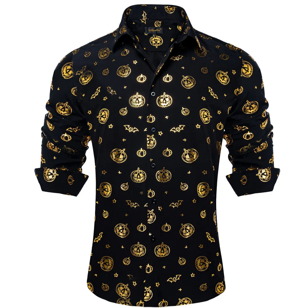 DiBanGu Black Gold Jack-o'-Lantern Stamping Button Up Long Sleeve Shirt for Men