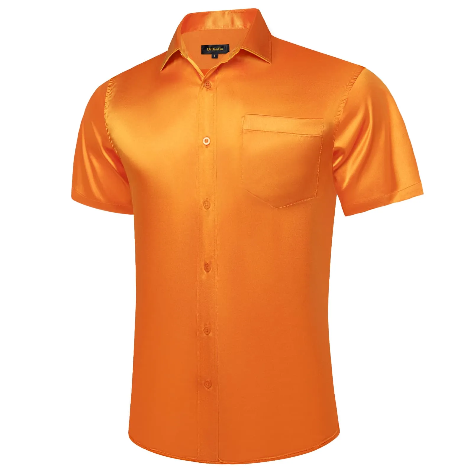 DiBanGu Button Shirt Summer Carrot Orange Solid Silk Men's Short Sleeve Shirt Top