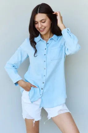 Doublju Denim Button Down Shirt Top in Light Blue