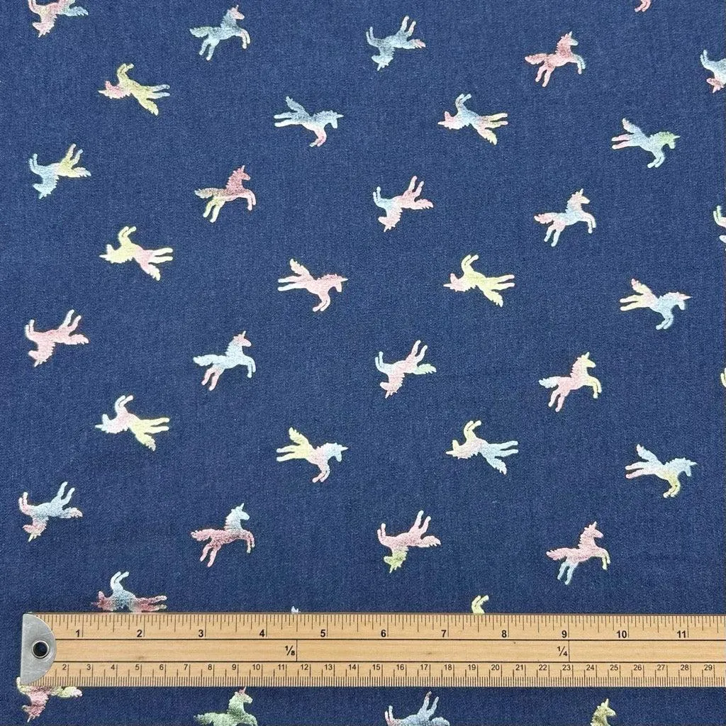 Foil Unicorns Chambray Denim Fabric