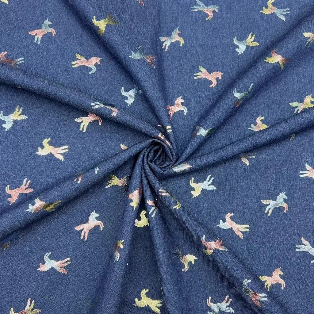 Foil Unicorns Chambray Denim Fabric