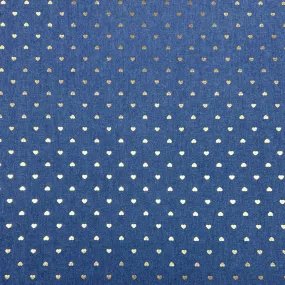 Gold Foil Hearts Chambray Denim Fabric