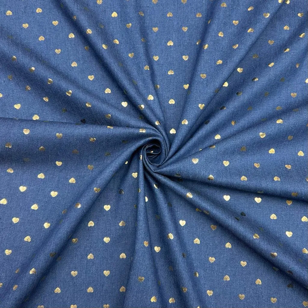 Gold Foil Hearts Chambray Denim Fabric