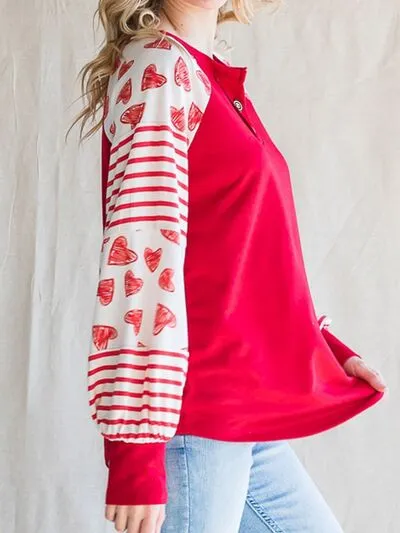 Heart Striped Quarter Button Long Sleeve T-Shirt