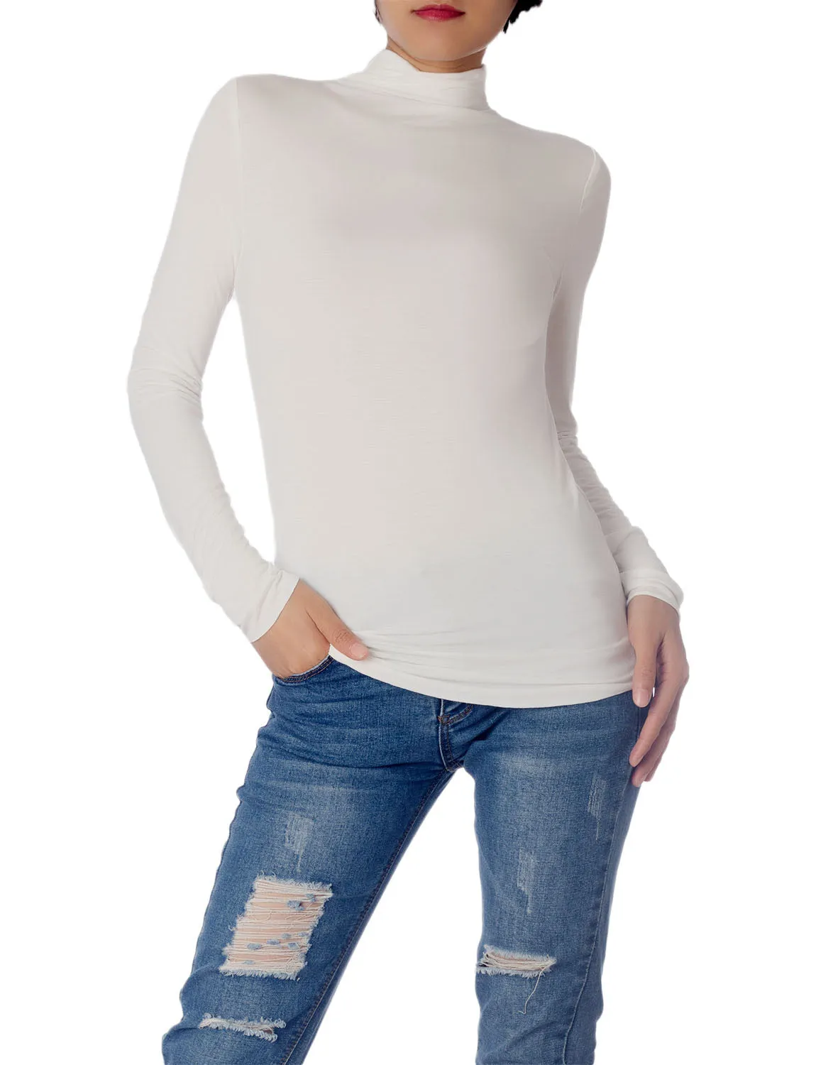 iB-iP Women's Tops Turtleneck Slim Fit Long Sleeve High Neck Cozy Silky Henley