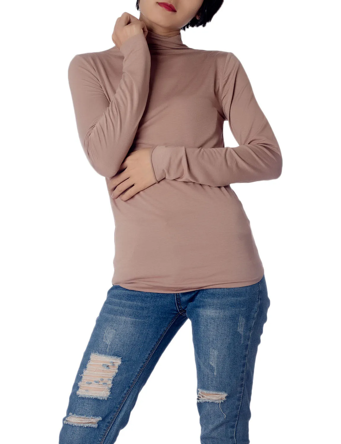 iB-iP Women's Tops Turtleneck Slim Fit Long Sleeve High Neck Cozy Silky Henley