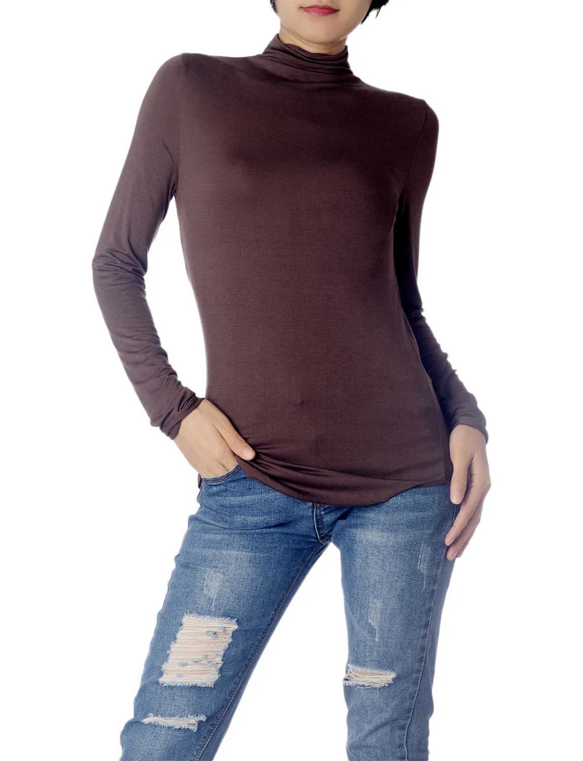 iB-iP Women's Tops Turtleneck Slim Fit Long Sleeve High Neck Cozy Silky Henley