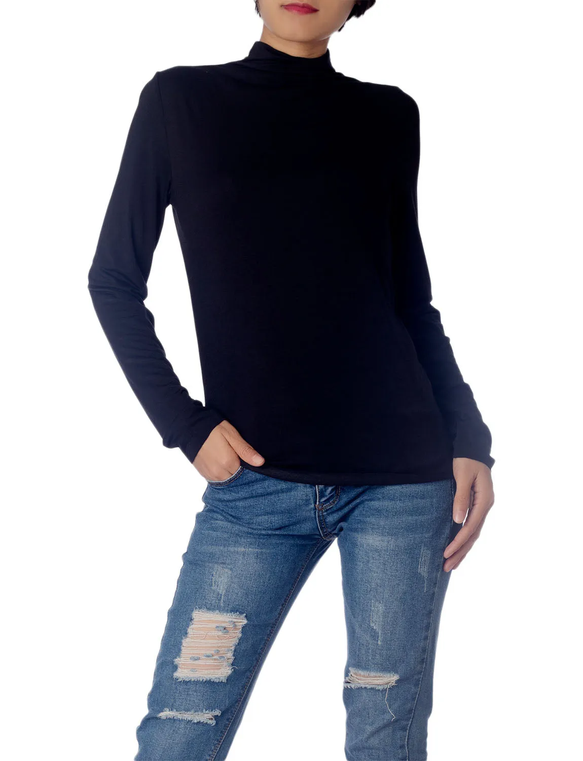 iB-iP Women's Tops Turtleneck Slim Fit Long Sleeve High Neck Cozy Silky Henley