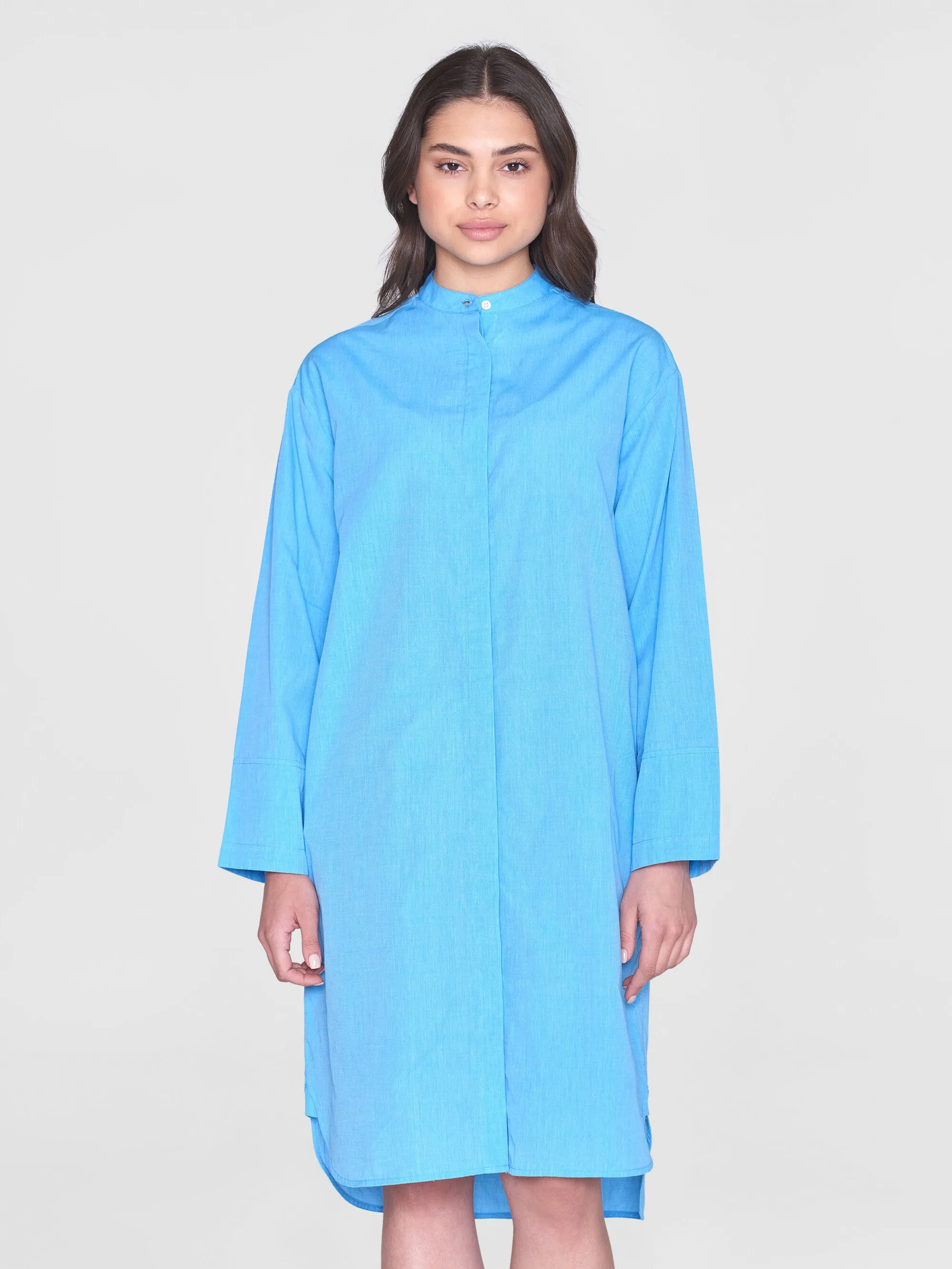 Loose chambray stand collar long shirt dress - GOTS/Vegan - Malibu Blue