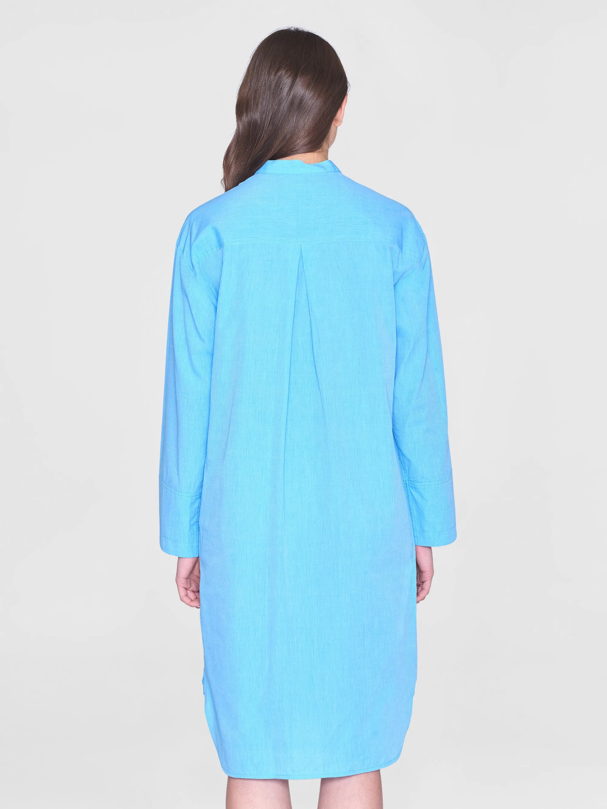 Loose chambray stand collar long shirt dress - GOTS/Vegan - Malibu Blue