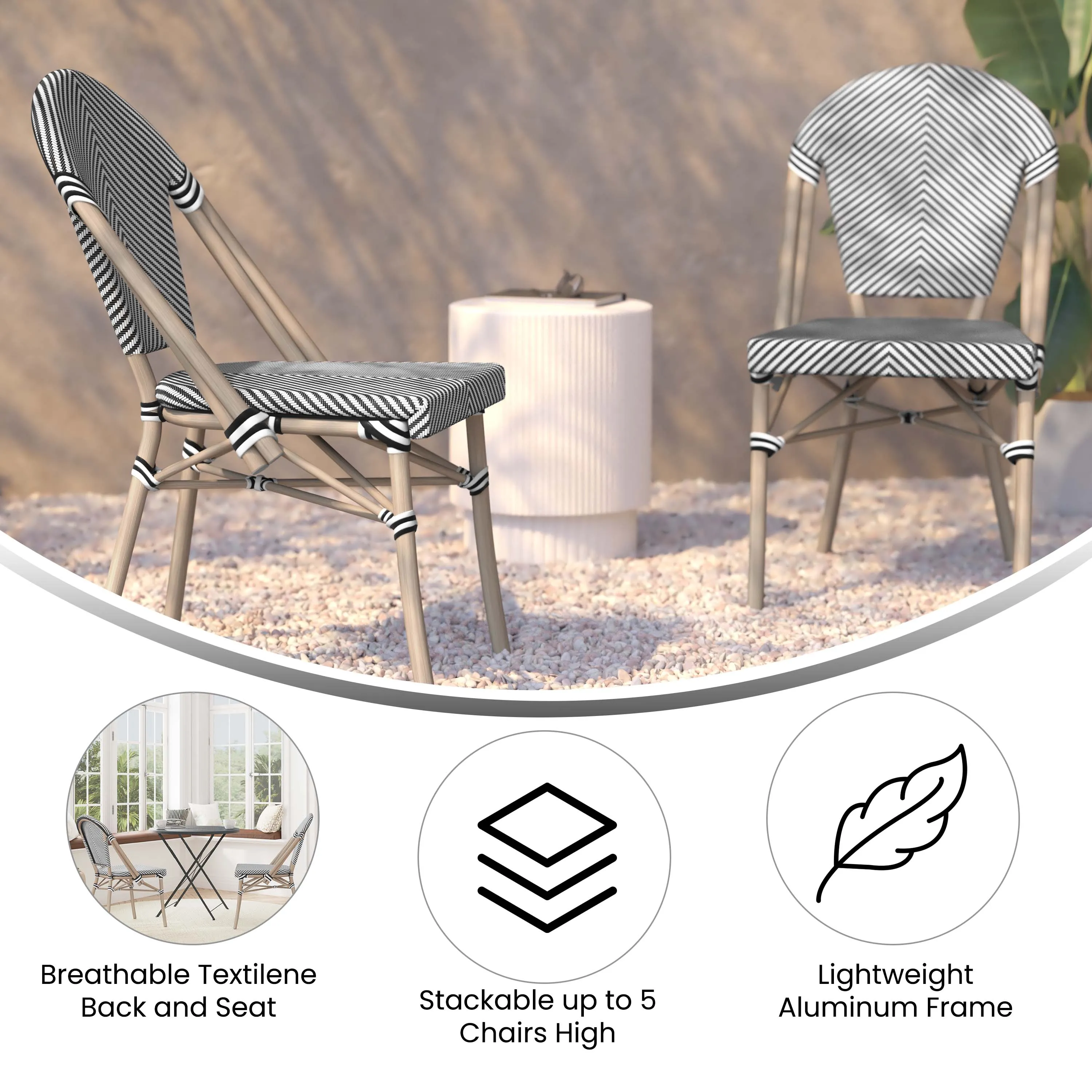 Marseille Indoor/Outdoor Commercial Bistro Stacking Chair, Textilene Back and Seat, Bamboo Print Aluminum Frame