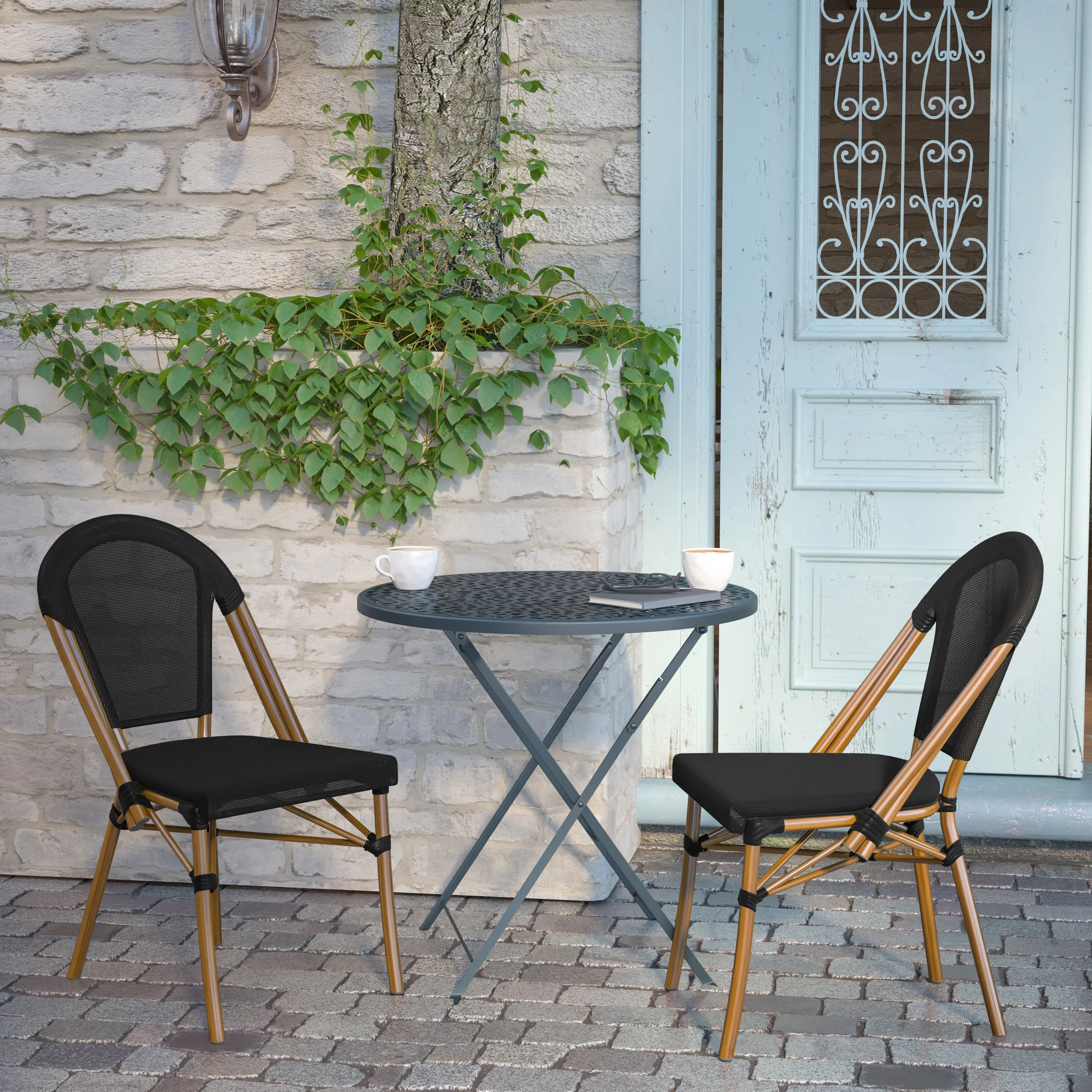 Marseille Indoor/Outdoor Commercial Bistro Stacking Chair, Textilene Back and Seat, Bamboo Print Aluminum Frame