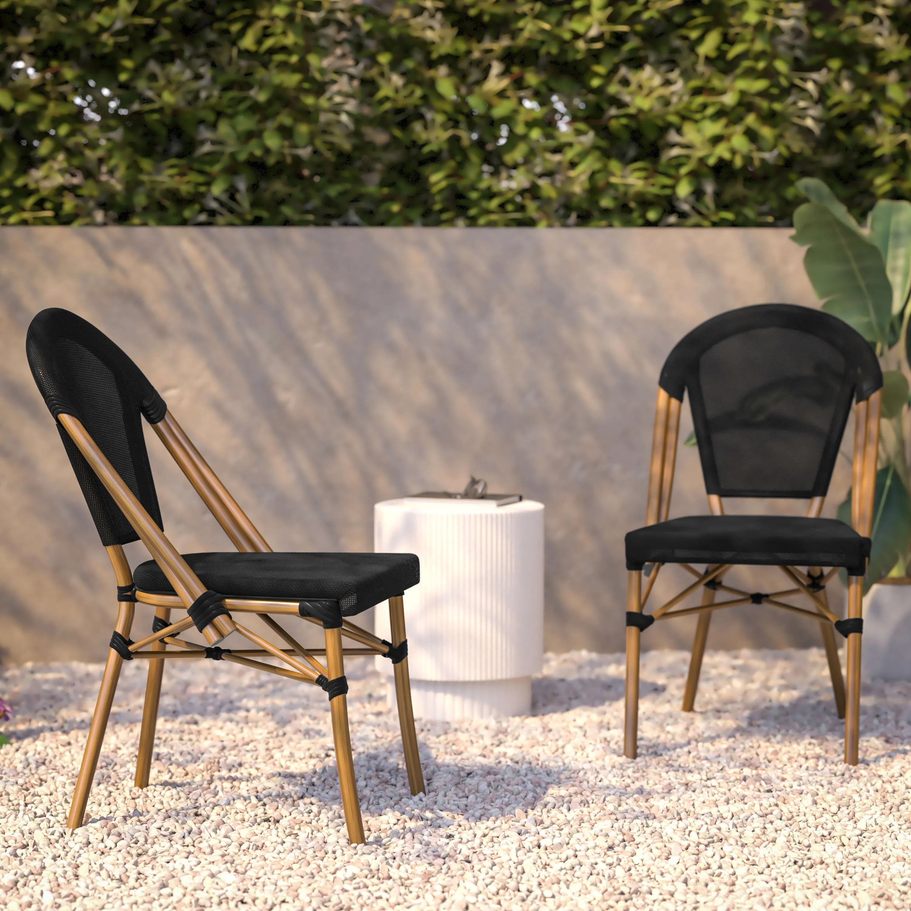 Marseille Indoor/Outdoor Commercial Bistro Stacking Chair, Textilene Back and Seat, Bamboo Print Aluminum Frame