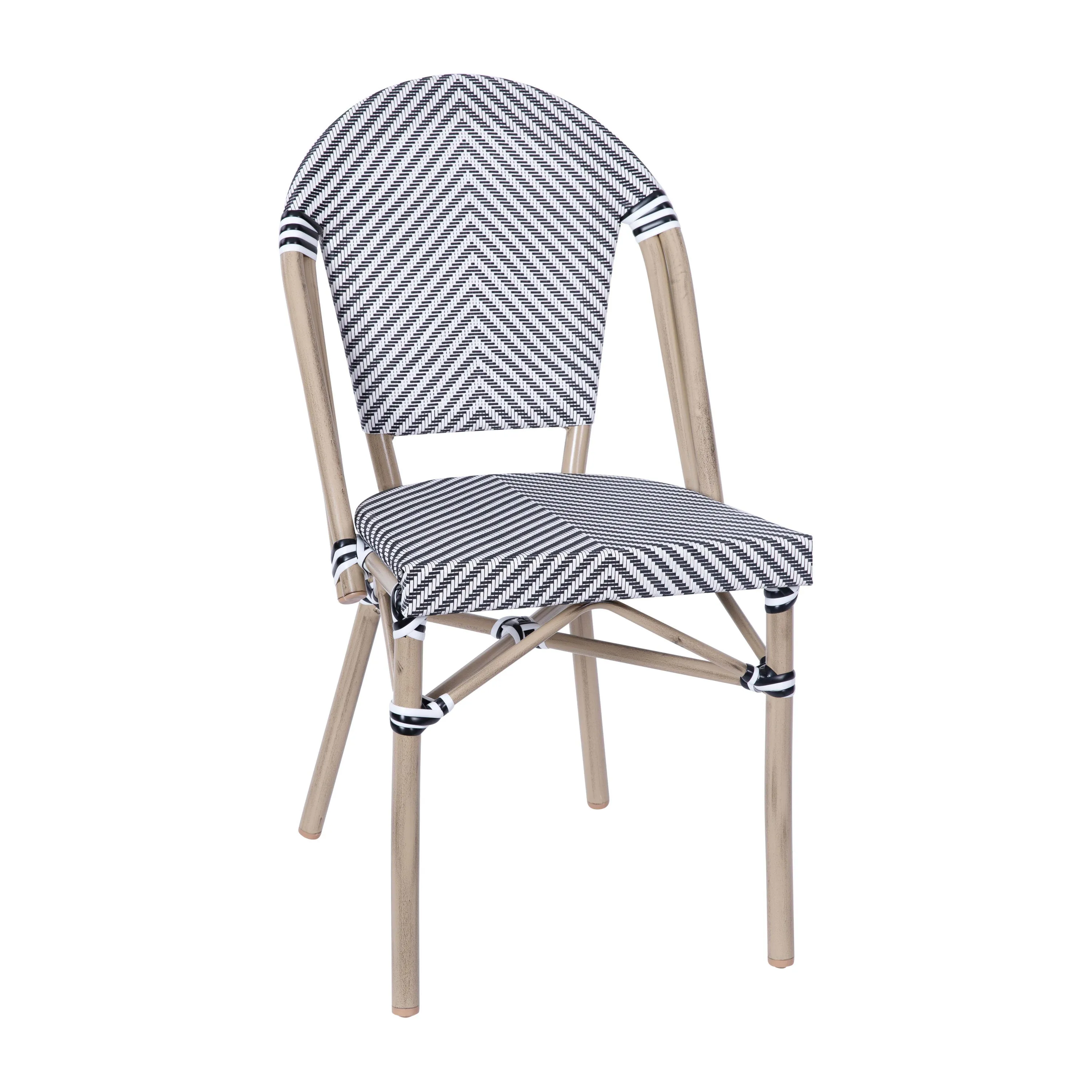 Marseille Indoor/Outdoor Commercial Bistro Stacking Chair, Textilene Back and Seat, Bamboo Print Aluminum Frame