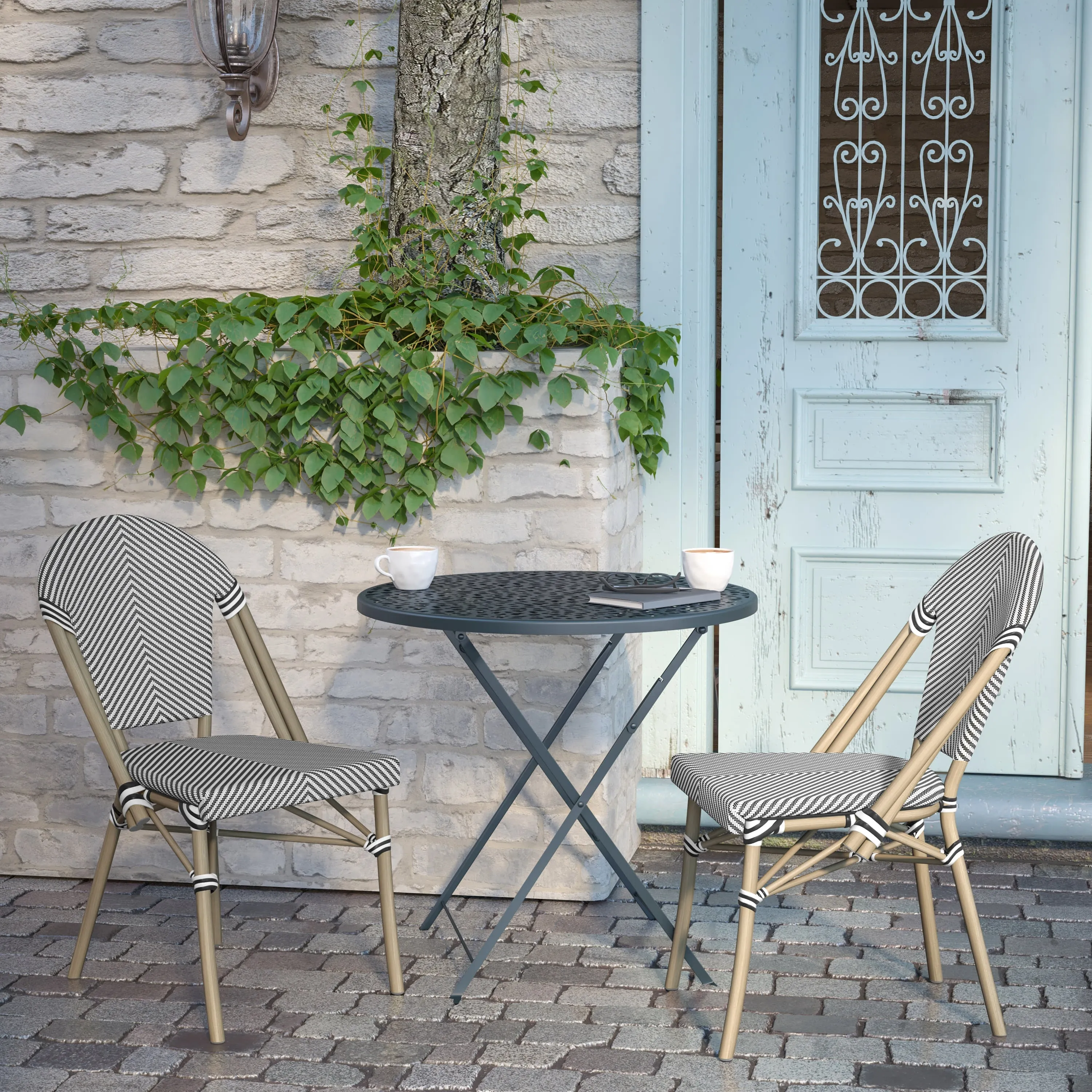 Marseille Indoor/Outdoor Commercial Bistro Stacking Chair, Textilene Back and Seat, Bamboo Print Aluminum Frame