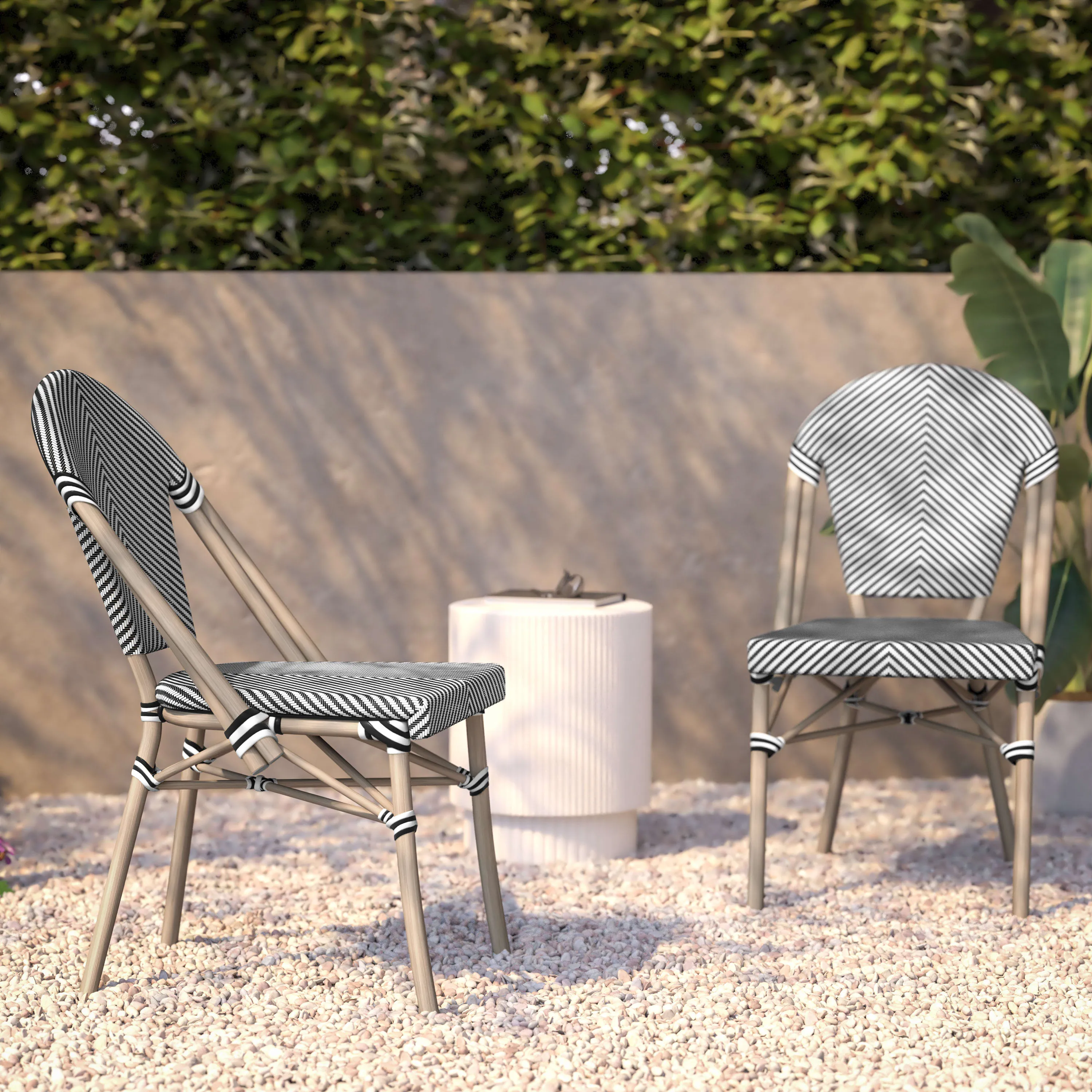 Marseille Indoor/Outdoor Commercial Bistro Stacking Chair, Textilene Back and Seat, Bamboo Print Aluminum Frame