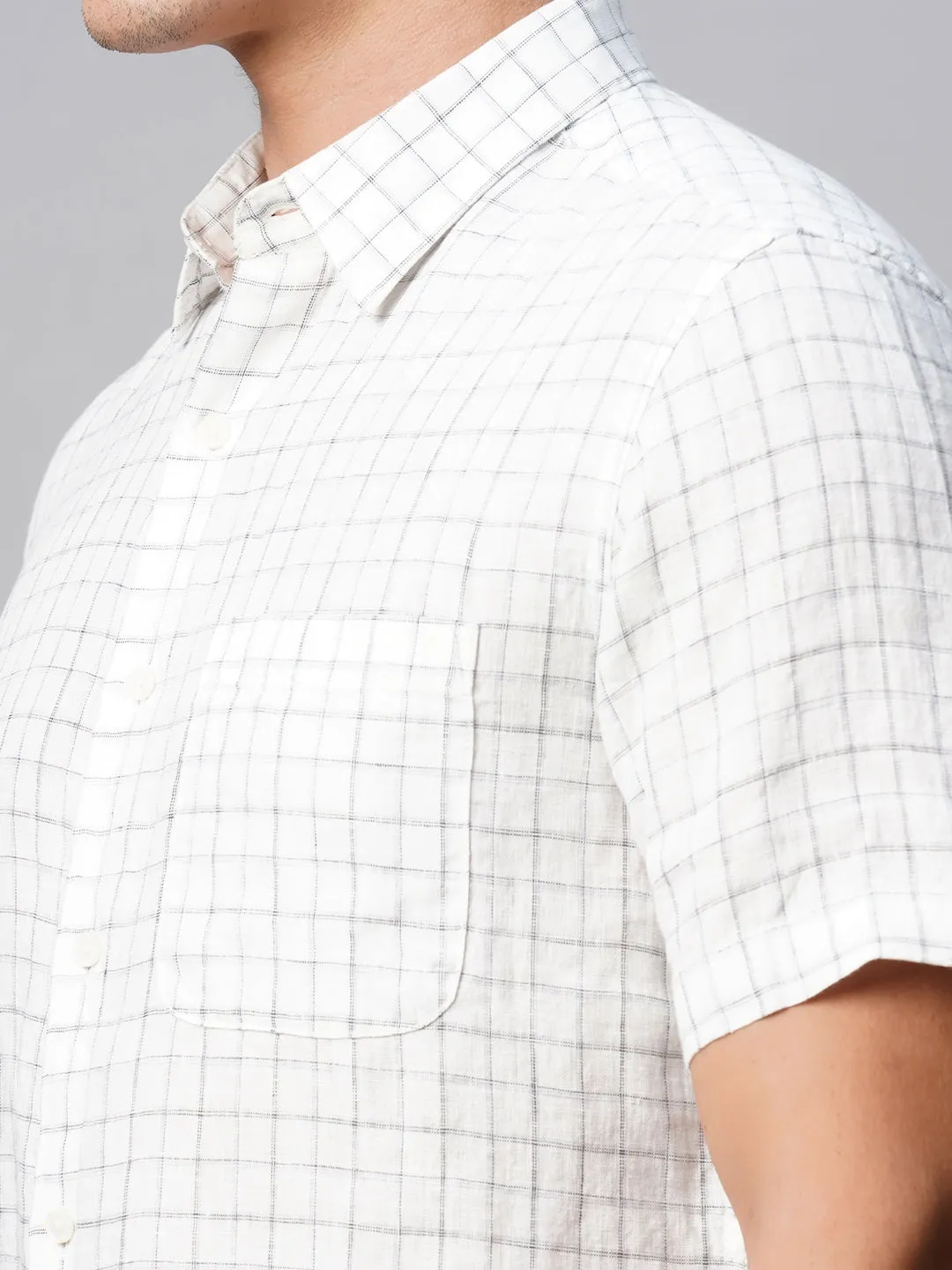 Men's 100% Linen Regular Fit White Checked Shirt