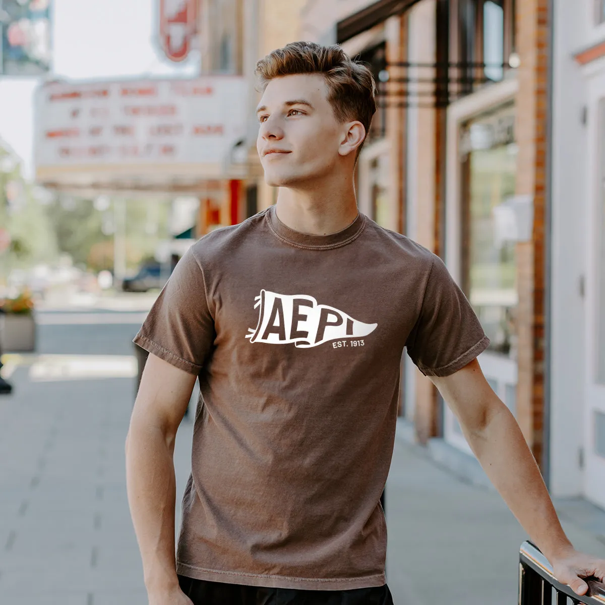 New! AEPi Comfort Colors Brown Pennant Short Sleeve Tee