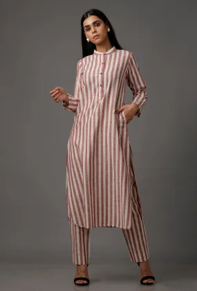 Red and White Stripes Pure Woven Cotton Kurta