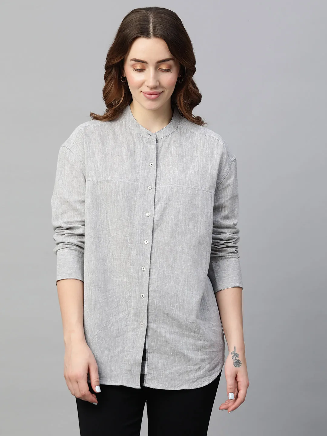 Women's Grey Cotton Linen Regular Fit Blouse