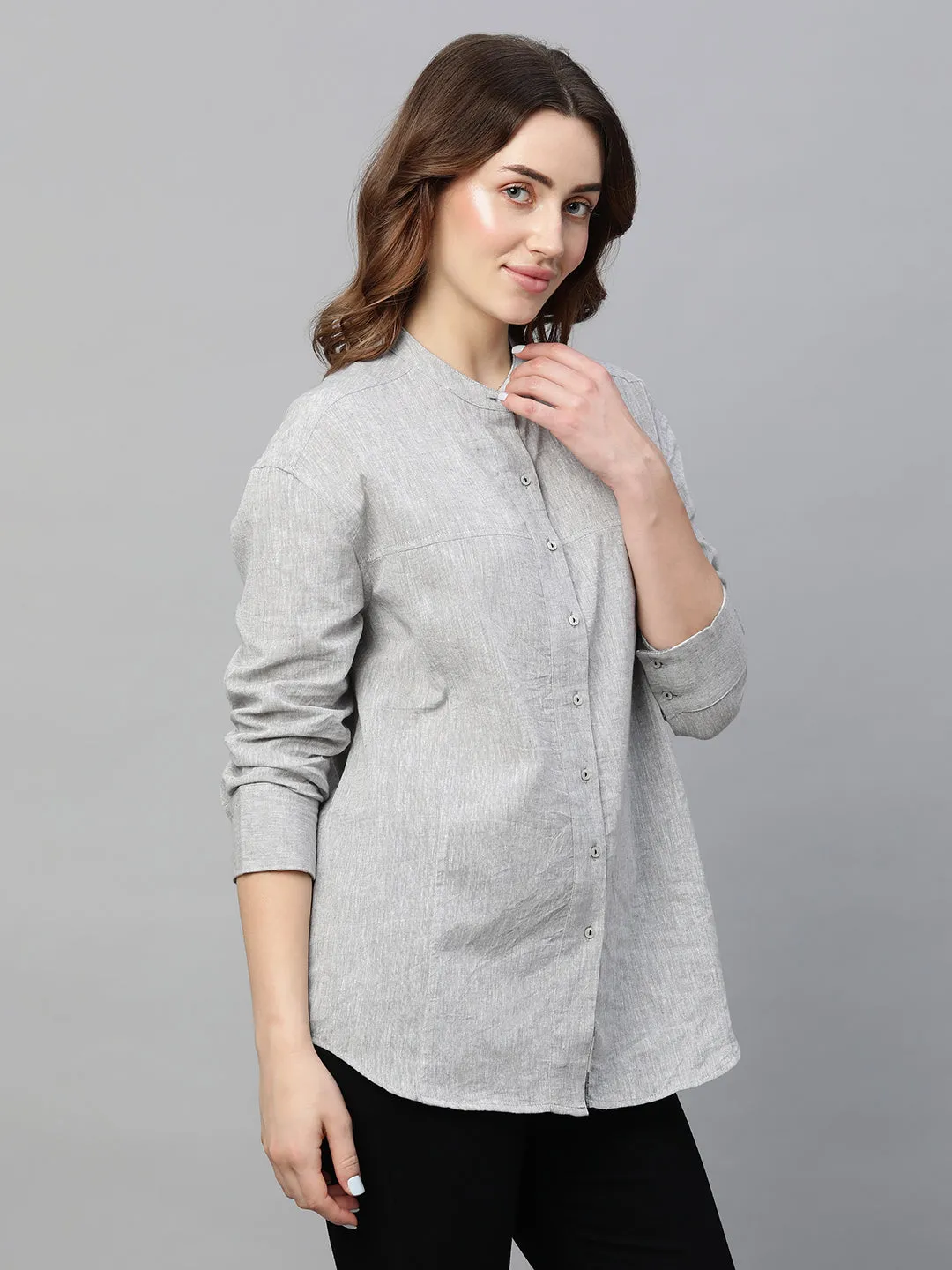 Women's Grey Cotton Linen Regular Fit Blouse