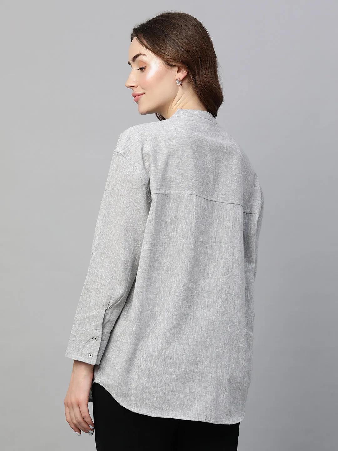 Women's Grey Cotton Linen Regular Fit Blouse